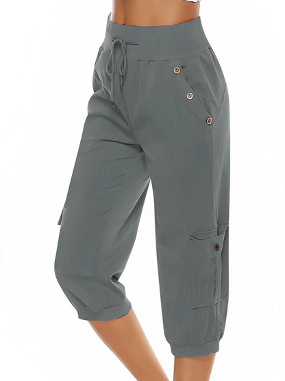 Damen-Cargohose mit Kordelzug und elastischem Bund, lässige Caprihose