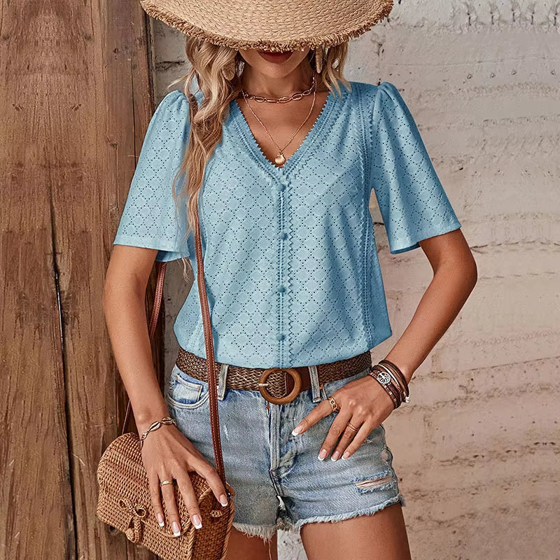 ADELHEID I KURZARM-BLUSE MIT V-AUSSCHNITT