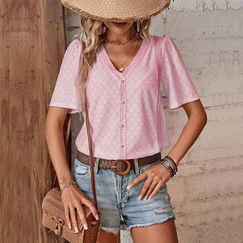 ADELHEID I KURZARM-BLUSE MIT V-AUSSCHNITT