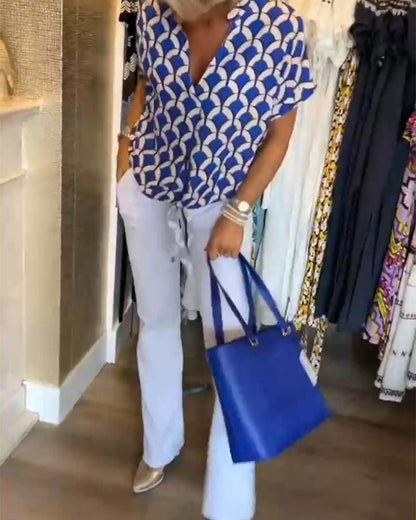 Belinda - Kurzärmliges, bedrucktes freizeitoberteil mit v-ausschnitt