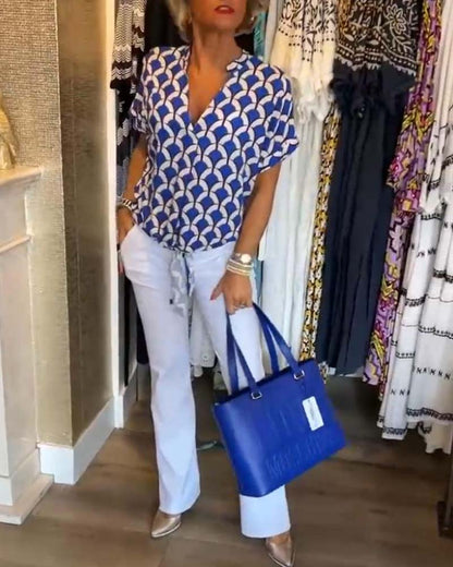 Belinda - Kurzärmliges, bedrucktes freizeitoberteil mit v-ausschnitt