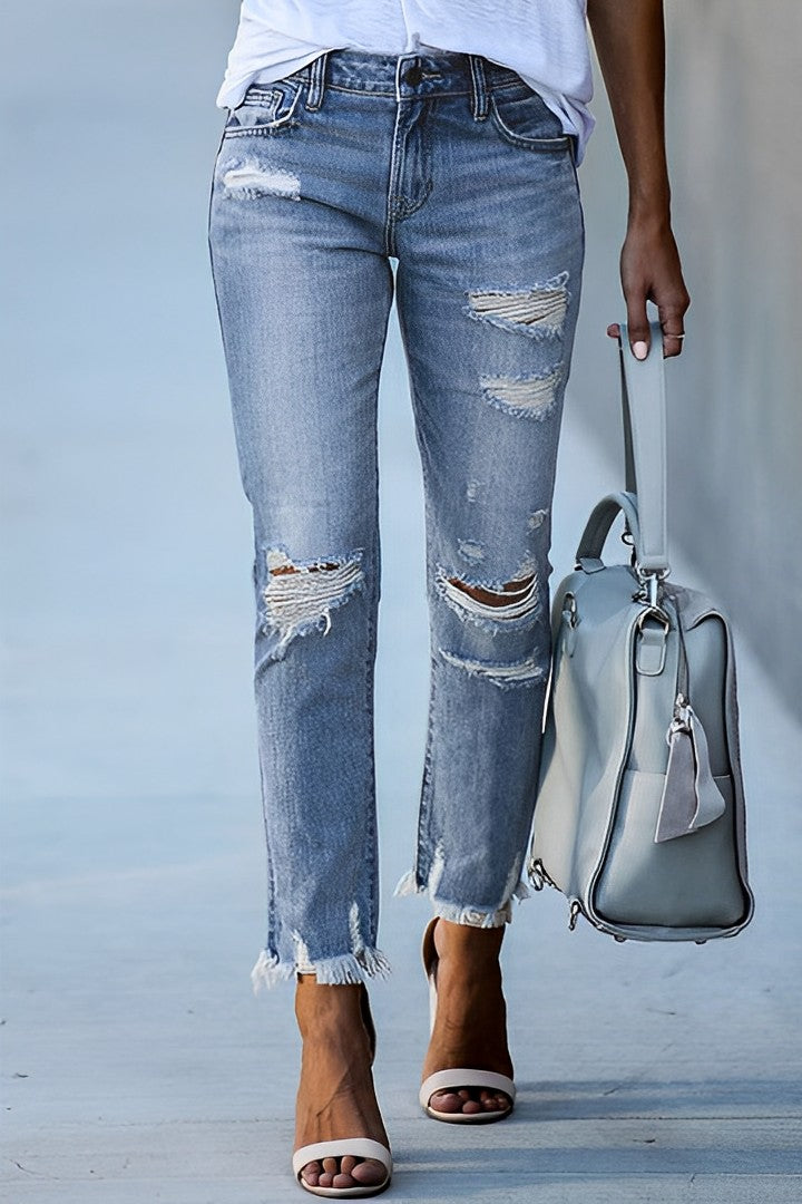 Distressed Raw Hem Straight Leg Jeans