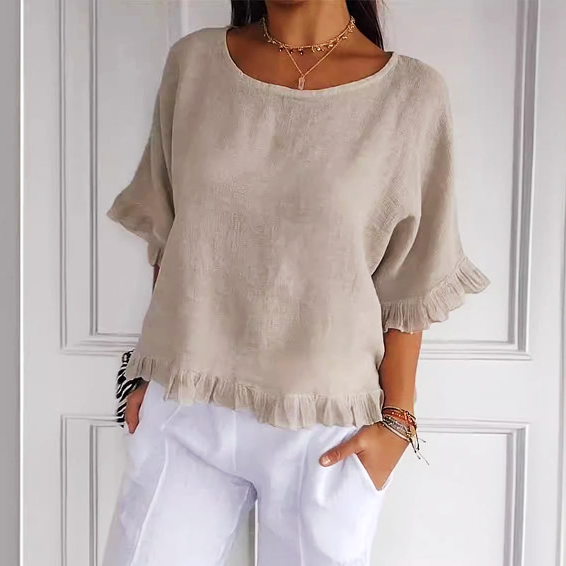 Luna - Rundhals-Top mit gerafftem Saum und Taillenärmeln